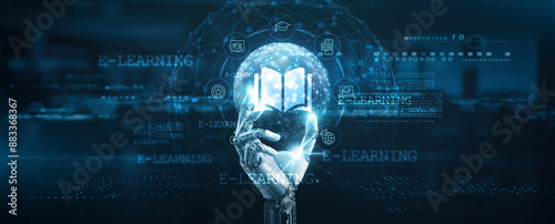 E-learning platforms, Hands of robot hold e-learning management system tools, digital education, online courses, interactive, technology, and educational technology.