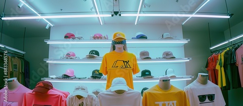 Rows of mannequins wearing colorful t-shirts and hats in a brightly lit retail store photo