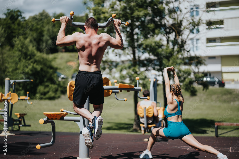 Obraz premium Active individuals working out in an outdoor gym during a sunny day, performing pull-ups and stretches surrounded by nature and residential buildings.