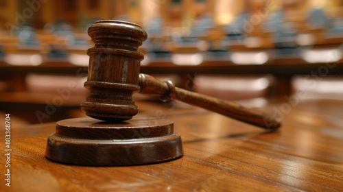 A close-up view of a judge's gavel and sound block on a wooden desk in an empty courtroom with blurred background, symbolizing justice and law in the judicial system