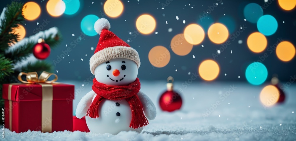 Miniature snowman with a santa hat and scarf. New Year's background. Christmas. Holiday. New Year. Banner, poster, background. With copy space 