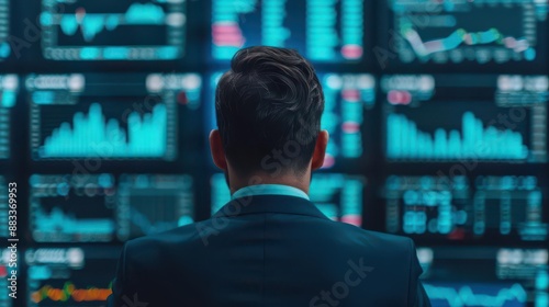Businessman monitoring multiple financial charts on digital screens, focusing on investments, trading, and market data analysis.