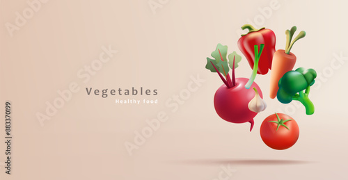 Set of 3D farm fresh vegetables. For healthy food, supermarket sale, cooking concepts. Vector illustration.