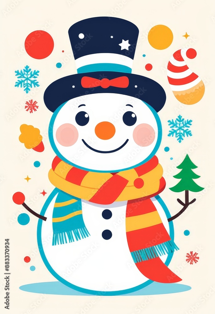 Postcard with snowman,art style. Banner, poster background Cute art style.