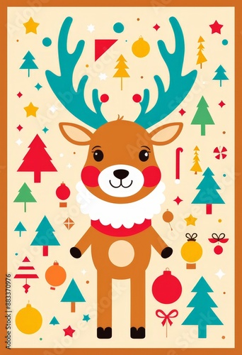 Postcard featuring Christmas reindeer, Christmas trees and Christmas toys. Banner, poster, background. With copy space. 2D art style.