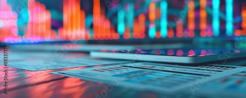Colorful graphs and charts displayed on computer screens and paper, illustrating data analysis and finance trends in a modern setting.