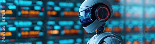 Futuristic robot with a blue visor in a high-tech environment, showcasing advanced AI and robotic technology.