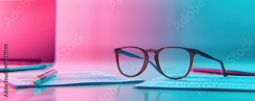 Reading glasses placed on a document with a pen and laptop in a neon-lit workspace. Concept of work, study, or productivity.