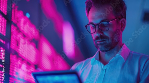 Focused man in glasses working on a digital tablet with a colorful data display in the background, highlighting modern technology and data analysis.