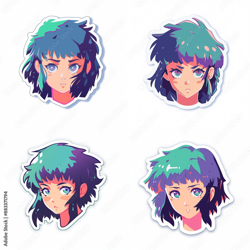 Obraz premium Set of cute green-haired anime girls on a white bakground. Collection of illustrations for stickers, patches, pins.
