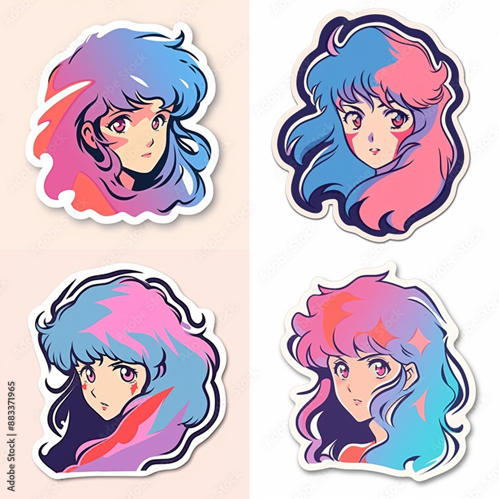 Set of female characters in retro anime style with brightly colored hair. Collection of illustrations for stickers, patches, pins. Set of female characters in retro anime style with brightly colored hair. Collection of illustrations for stickers, patches, pins.