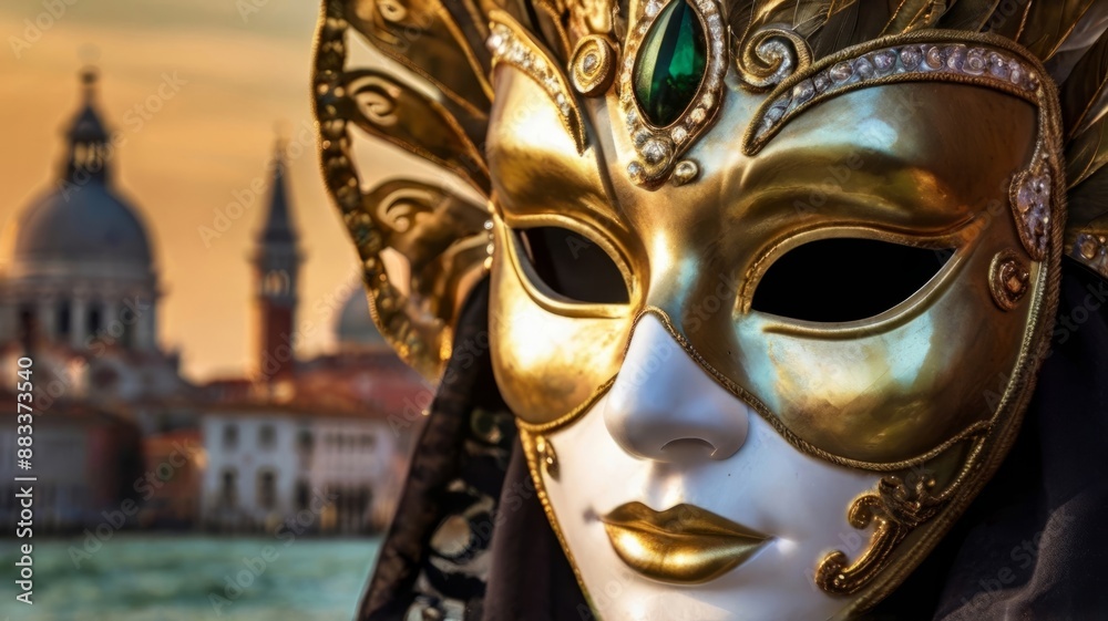 The enchanting and mysterious atmosphere of the Venice Carnival. The golden masks, adorned with feathers and intricate designs, create a sense of elegance and celebration. AI generation. The enchanting and mysterious atmosphere of the Venice Carnival. The golden masks, adorned with feathers and intricate designs, create a sense of elegance and celebration. AI generation.