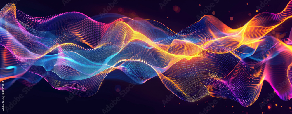 Obraz premium Abstract background with sound waves, colorful glow and wave shapes on dark black backdrop