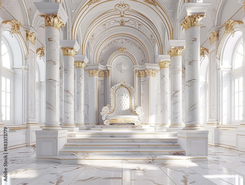 Fototapeta premium Luxurious palace interior with majestic throne. Stately ornate architecture with gold accents. Ideal for historical themes, royal designs or aristocratic concepts.