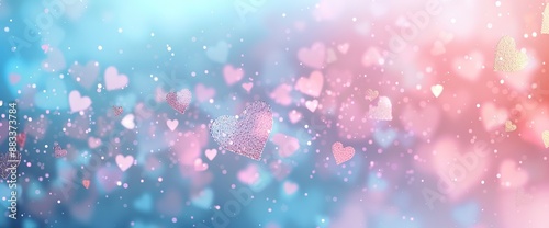 Pink and blue hearts floating on glowing bokeh background. A romantic sparkling image with soft gradient perfect for Valentines Day cards, wedding invitations or love themed designs