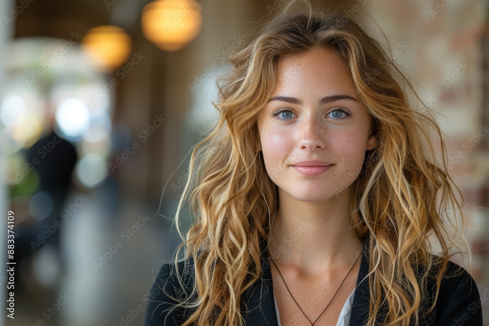 Obraz premium A young woman with long wavy blonde hair and blue eyes smiling while standing in an arched corridor with blurred background