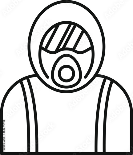 Line drawing of a firefighter wearing protective suit and breathing apparatus is standing during rescue operation