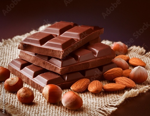 Barras de  chocolate con nueces avellanas almendras con fondos negros ,  luz de estudio photo