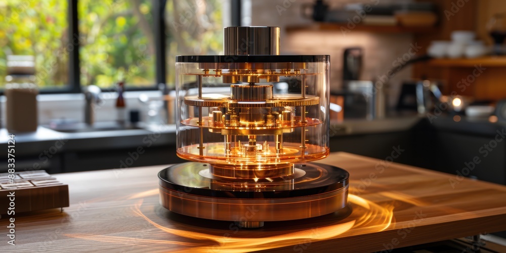A high-tech mechanical device with intricate gears and components sits elegantly on a wooden table in a modern, sunlit kitchen with large windows A high-tech mechanical device with intricate gears and components sits elegantly on a wooden table in a modern, sunlit kitchen with large windows