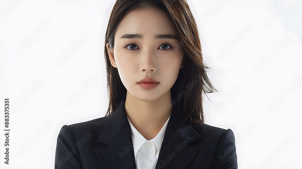 Asian woman with Korean makeup, office suit, straight hair, posing cleanly, white background. 32k, full ultra HD, high resolution
