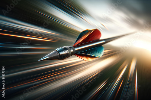 a flying arrow with a sharp, metallic tip and vibrant feathers at the tail in mid-air
