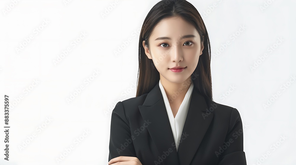 Asian woman with straight hair, Korean makeup, office suit, clean pose, white background. 32k, full ultra HD, high resolution Asian woman with straight hair, Korean makeup, office suit, clean pose, white background. 32k, full ultra HD, high resolution