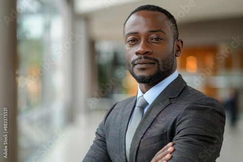 Portrait of a confident businessman in a modern office setting, wearing a suit and tie, standing with arms crossed and conveying professionalism and self-assurance © aicandy