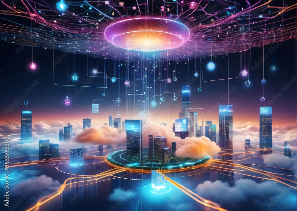 Obraz premium .Cloud computing data storage digital infrastructure futuristic technology circuit board glowing clouds networking information technology data management tech innovation