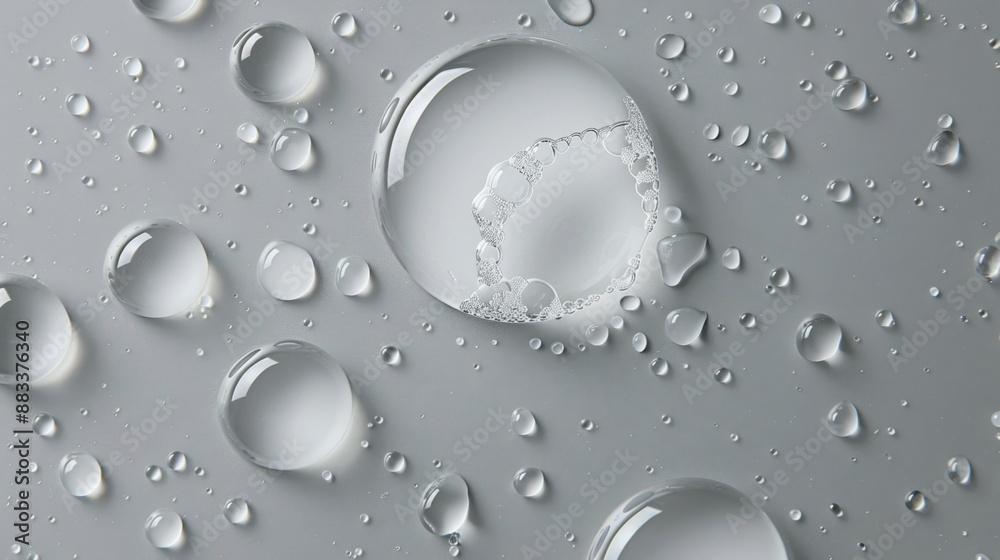 Water drops of transparent gel serum on gray background, skincare and beauty product texture Water drops of transparent gel serum on gray background, skincare and beauty product texture
