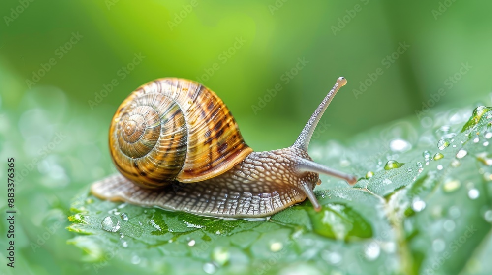 Close-up of a snail on a leaf in a garden Close-up of a snail on a leaf in a garden