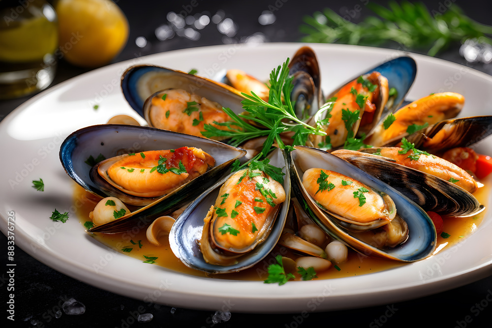Gourmet cooked mussels garnished with parsley on a white plate against a dark backdrop Gourmet cooked mussels garnished with parsley on a white plate against a dark backdrop