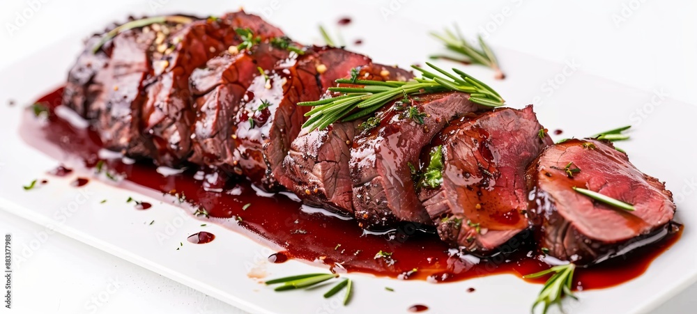Sliced ​​beef tenderloin baked in cherry sauce. Banquet holiday dishes. Gourmet restaurant menu. White background.