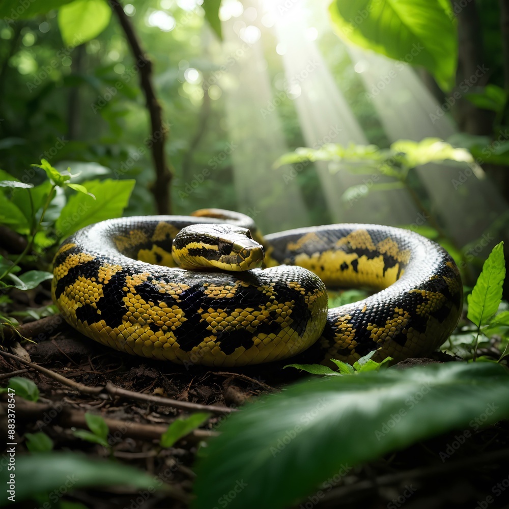 Bushmaster Snake coiled on forest floor, dark brown and yellow scales, lush foliage, dappled sunlight. Bushmaster Snake coiled on forest floor, dark brown and yellow scales, lush foliage, dappled sunlight.