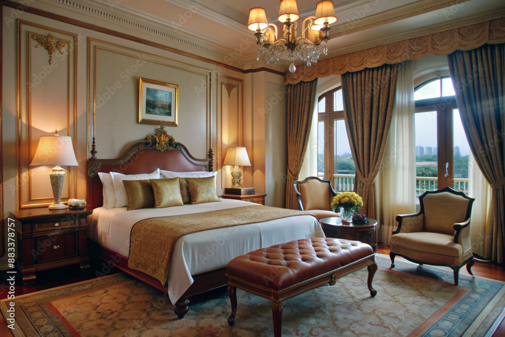 Elegant luxury suite features plush king-size bed, rich wood furnishings, soft cream hues, and lavish decor, creating a serene and opulent retreat for discerning travelers. Elegant luxury suite features plush king-size bed, rich wood furnishings, soft cream hues, and lavish decor, creating a serene and opulent retreat for discerning travelers.