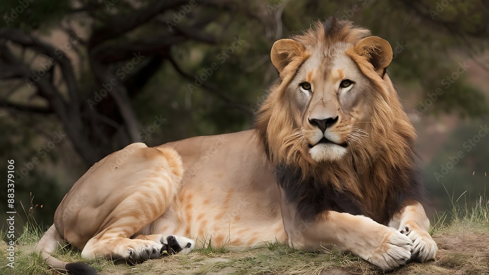A lion laying on the ground with a tree in the background A lion laying on the ground with a tree in the background