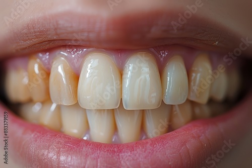 A close-up image of a person's mouth showing two rows of uneven and partially discolored teeth, with implications for dental health and care photo