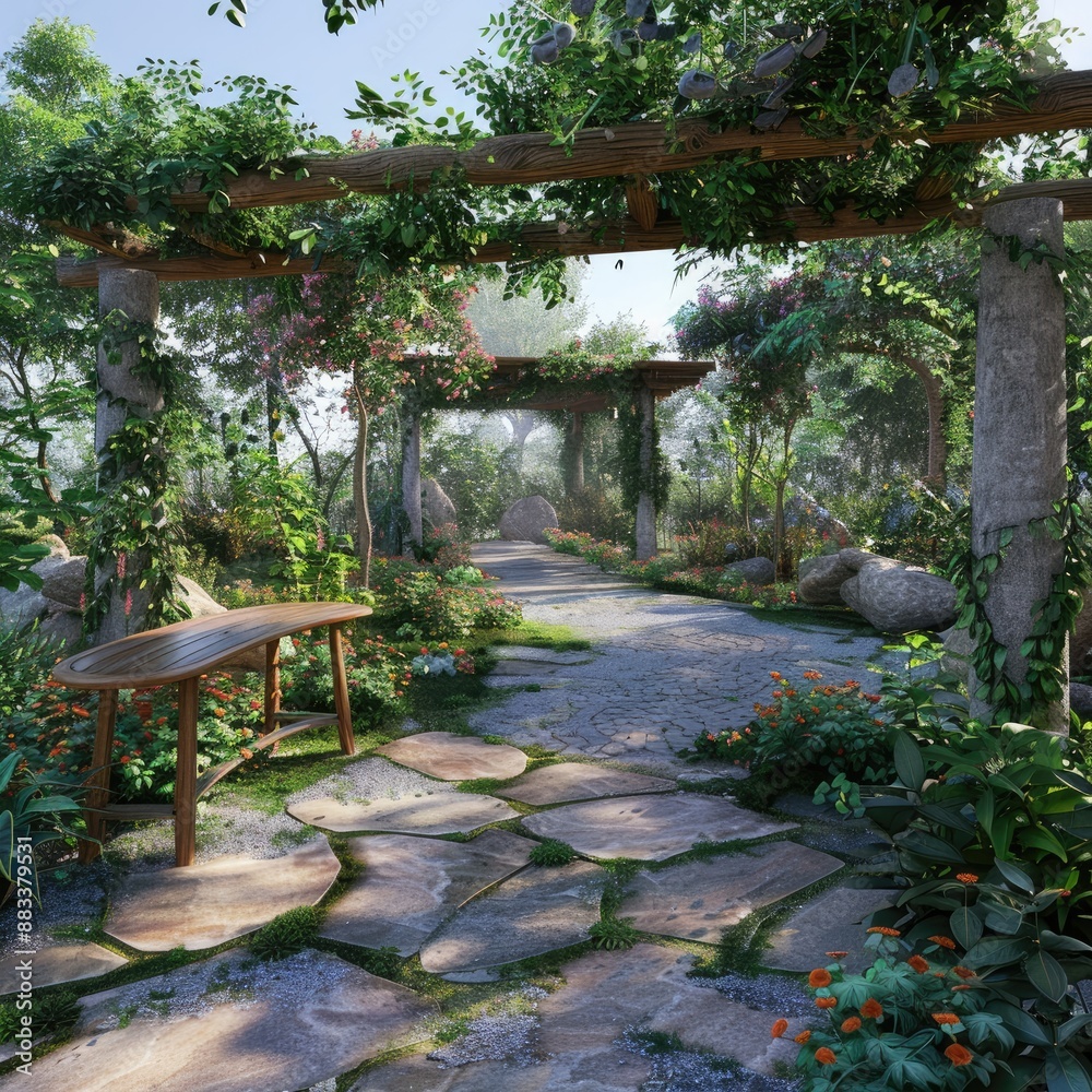An outdoor botanical garden with walking paths and labeled plant species for educational tours An outdoor botanical garden with walking paths and labeled plant species for educational tours