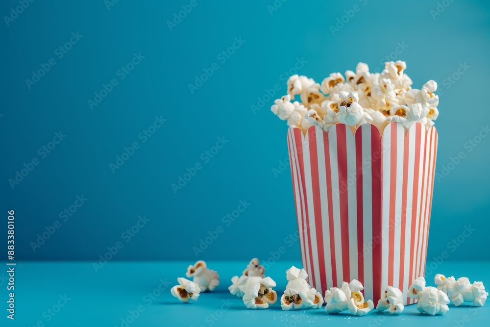 A vibrant image featuring popcorn spilling out of a classic striped paper bag against a bright blue background, evoking a playful and nostalgic feel perfect for cinema or snack themes A vibrant image featuring popcorn spilling out of a classic striped paper bag against a bright blue background, evoking a playful and nostalgic feel perfect for cinema or snack themes