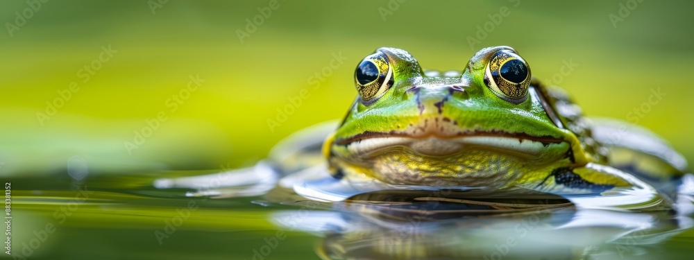  A tight shot of a frog's face hovering above water surface, surrounded by emerald grass backdrop