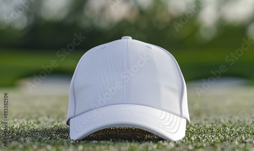 plain white mock up golf hat on golf range.