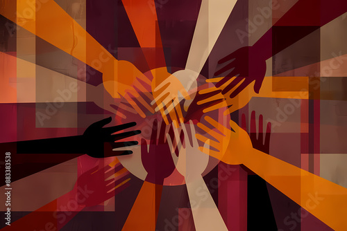 This image shows a collection of hands reaching towards the center in various vibrant colors, symbolizing unity, diversity, and collaboration in an abstract style.