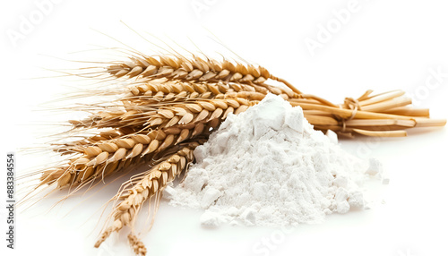 Fresh leaven, ears of wheat and flour isolated on white