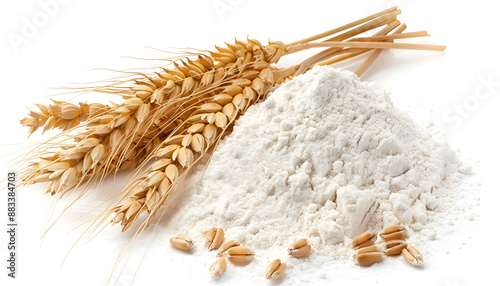 Fresh leaven, ears of wheat and flour isolated on white