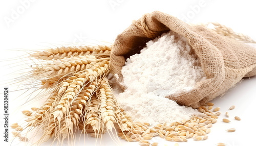 Fresh leaven, ears of wheat and flour isolated on white