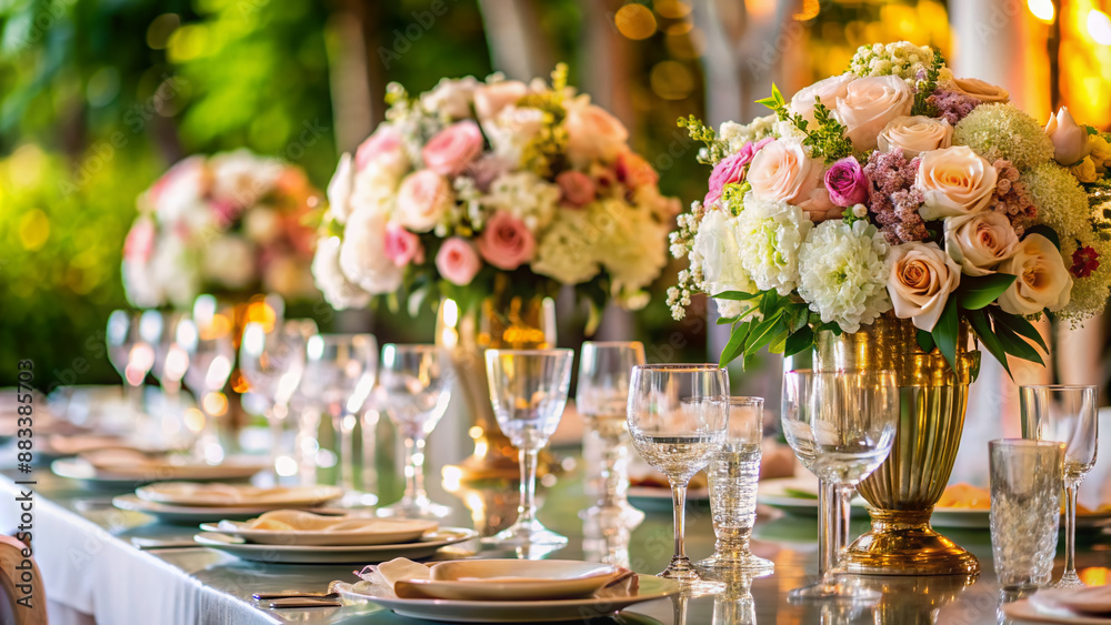 Elegant wedding reception table setting with lush flowers, sparkling crystal glassware, fine china, and crisp linens, featuring a spacious background for text or graphics. Elegant wedding reception table setting with lush flowers, sparkling crystal glassware, fine china, and crisp linens, featuring a spacious background for text or graphics.