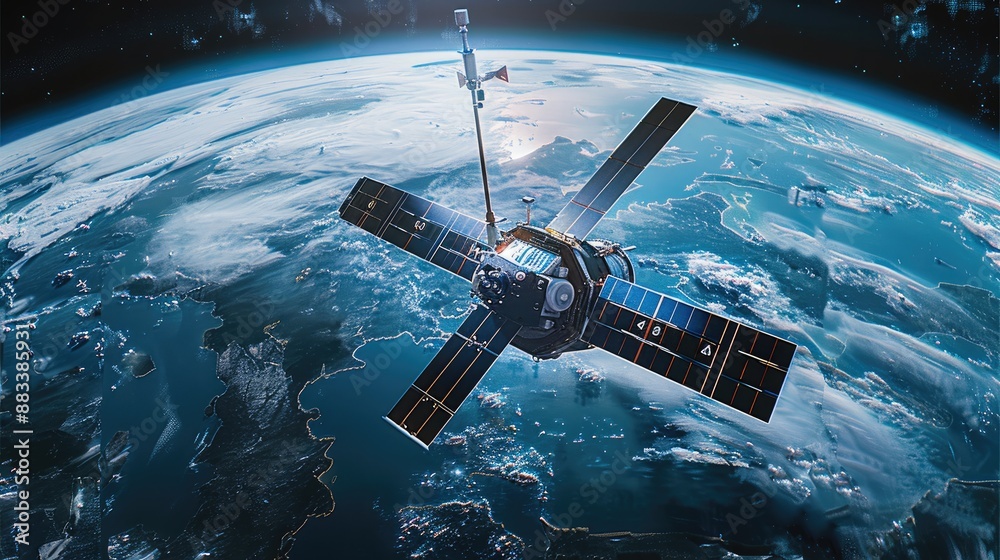 A satellite in space with Earth blue horizon and black sky in the background, showcasing advanced technology for global communication and data collection. Generative AI. A satellite in space with Earth blue horizon and black sky in the background, showcasing advanced technology for global communication and data collection. Generative AI.