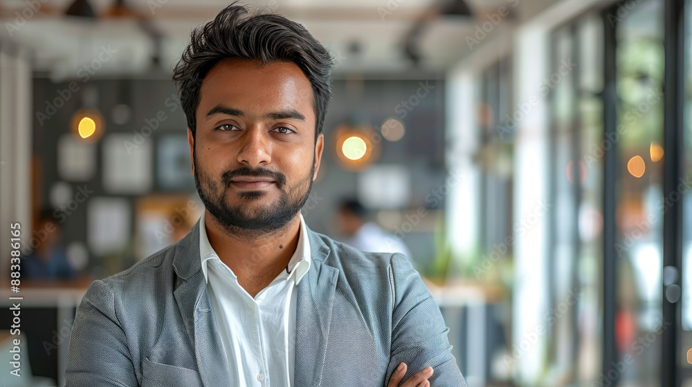 Successful man from India stands confidently in a modern office. Generative AI. Successful man from India stands confidently in a modern office. Generative AI.