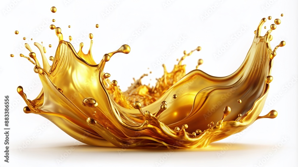 Fototapeta premium Vibrant golden oil splash with dynamic motion, isolated on white background, perfect for representing luxury, elegance, and sophistication in various design and advertising projects.