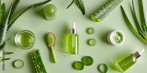 Aloe Vera skincare products including serum lotion gel and oregano oil. Concept Aloe Vera Skincare, Serum, Lotion, Gel, Oregano Oil photo