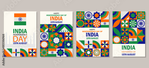 Set of Happy India Independence Day Card for a poster banner, cover template, social media template